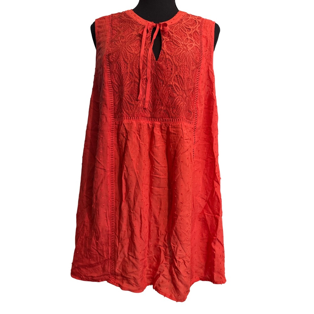 Torrid Coral Orange Swiss Dot Lace Yoke Keyhole Babydoll Top Plus Size 1 1X